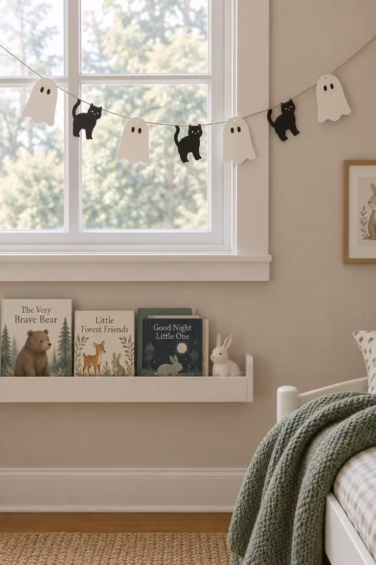 13 Indoor Halloween Decor Ideas for a Cozy October Home 7 Child's bedroom wall with a sagging paper garland of rounded ghosts and black cat shapes above a low shelf of picture books.