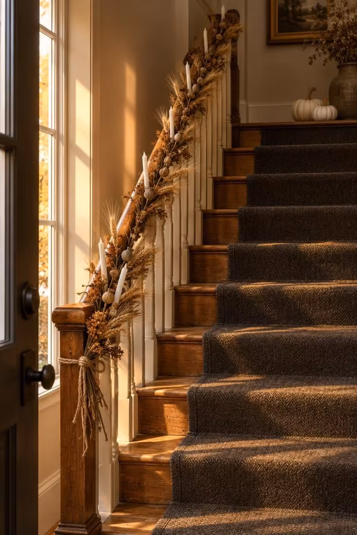 13 Indoor Halloween Decor Ideas for a Cozy October Home 9 Wooden staircase with a dried wheat garland along the handrail, tucked ivory battery tapers, and mini white pumpkins on the landing.