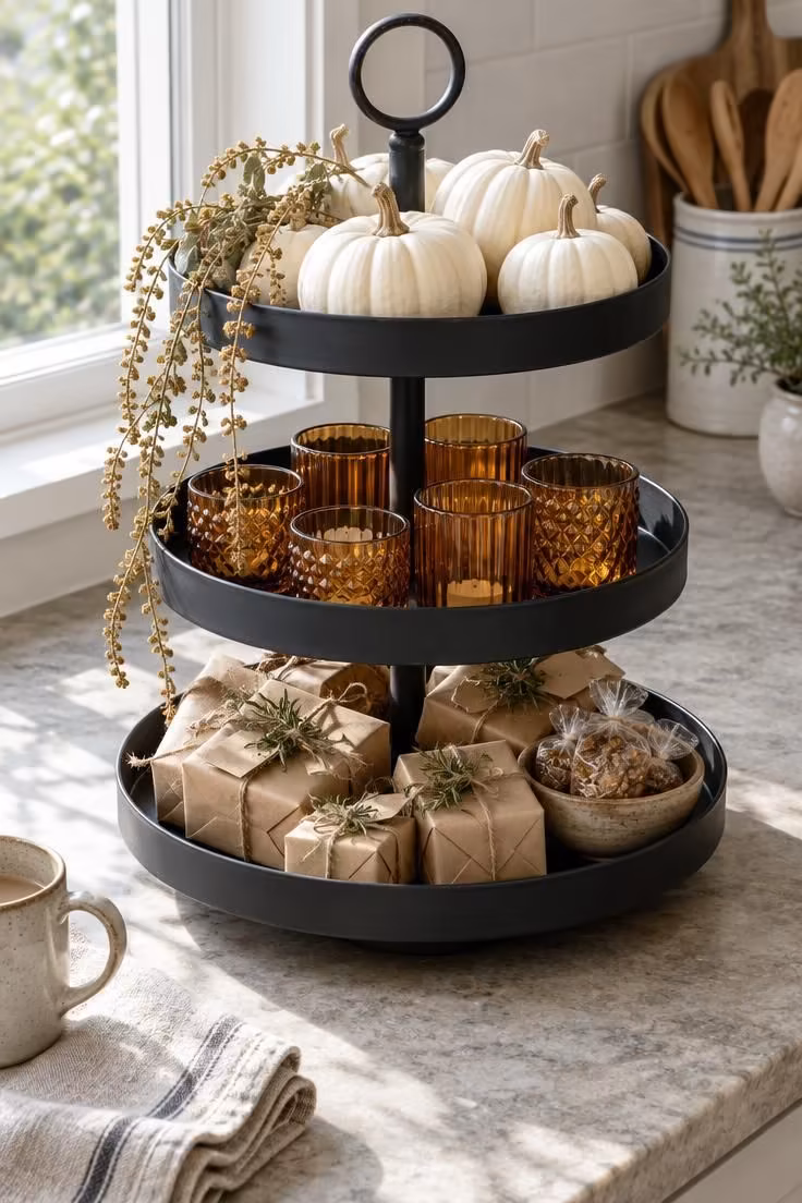 13 Indoor Halloween Decor Ideas for a Cozy October Home 10 Three-tiered black metal tray on a kitchen counter with mini white pumpkins, amber votives, and kraft-wrapped treats in daylight.