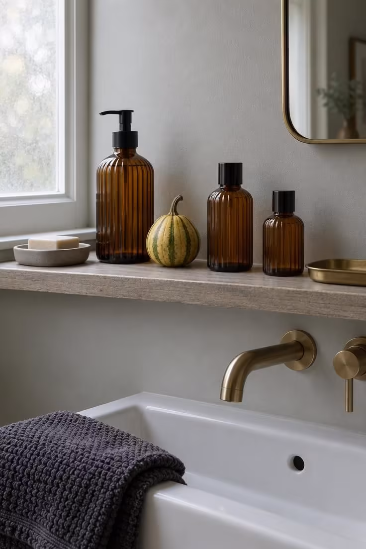 13 Indoor Halloween Decor Ideas for a Cozy October Home 11 Narrow bathroom shelf with three amber pressed-glass bottles, a mini gourd, and a folded charcoal hand towel.