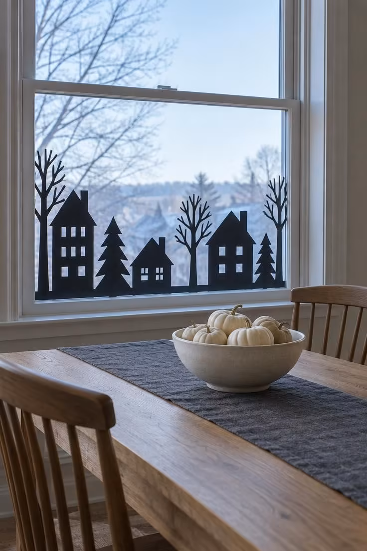 13 Indoor Halloween Decor Ideas for a Cozy October Home 13 Black cut-paper house and tree silhouettes across a dining room window above an oak table with a bowl of small white pumpkins.