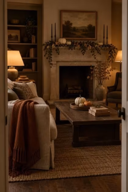 13 Indoor Halloween Decor Ideas for a Cozy October Home Warm October living room with lamp light across a linen sofa, a mini pumpkin tray on the coffee table, and a dried eucalyptus garland on the mantel.