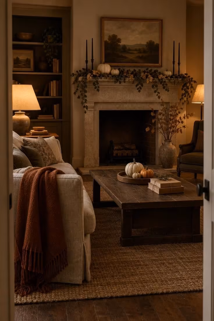 Simple Spaces 17 Warm October living room with lamp light across a linen sofa, a mini pumpkin tray on the coffee table, and a dried eucalyptus garland on the mantel.