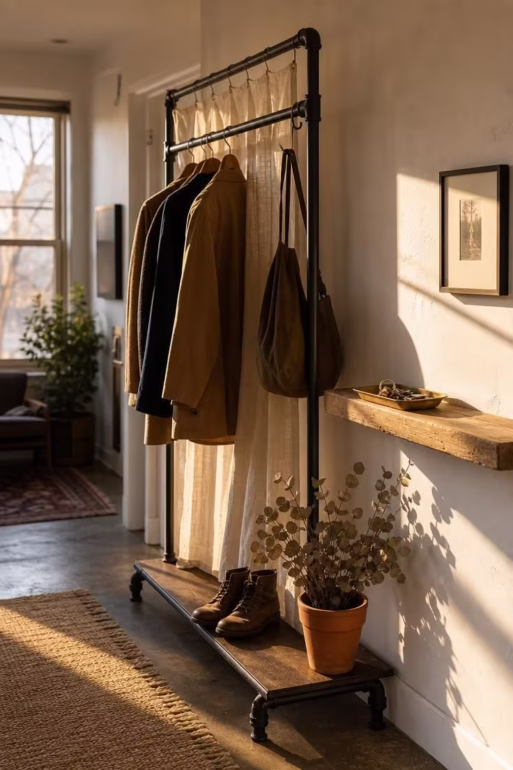 Blackened steel clothing rack with linen curtain backing in an industrial apartment entryway with warm golden light