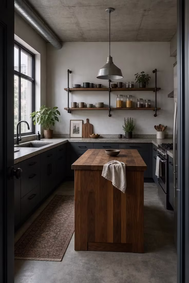 Industrial apartment kitchen with polished concrete countertops and a walnut butcher block island in cool morning light