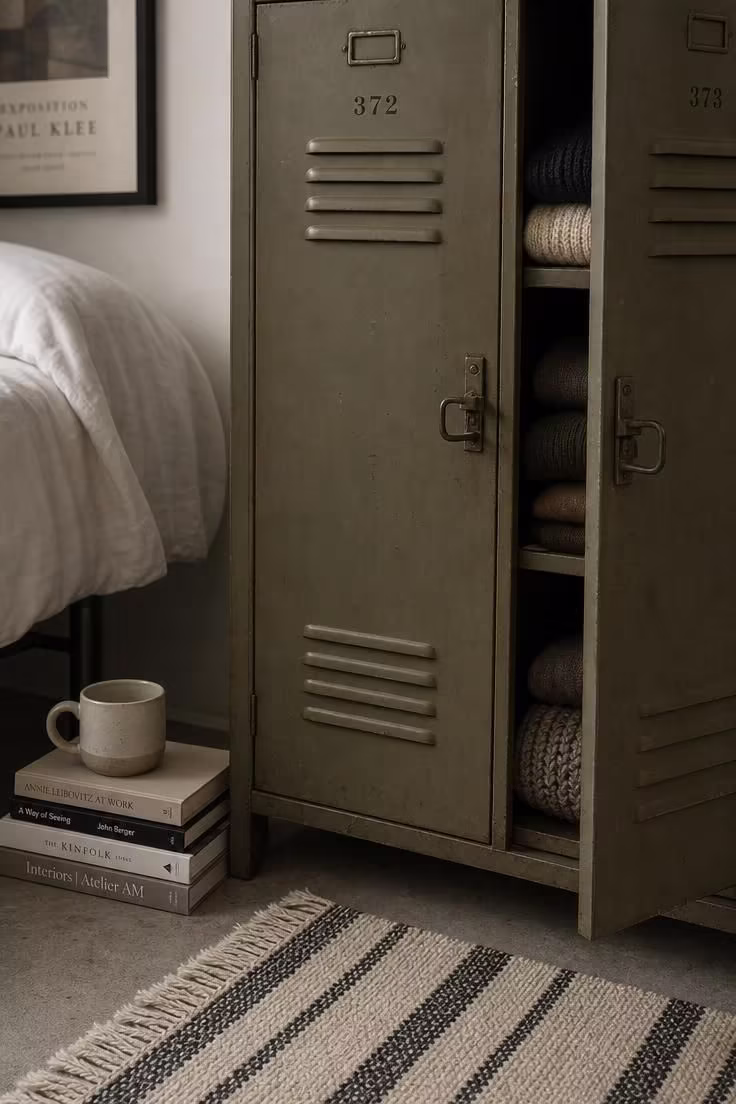 Vintage olive drab metal locker used as a bedroom wardrobe in a softly lit industrial apartment
