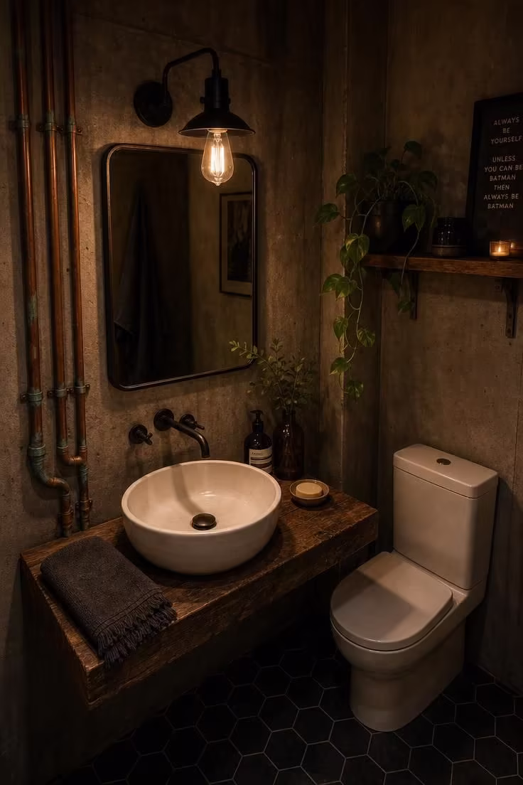 Industrial apartment bathroom with exposed copper plumbing and Edison bulb lighting on a concrete wall