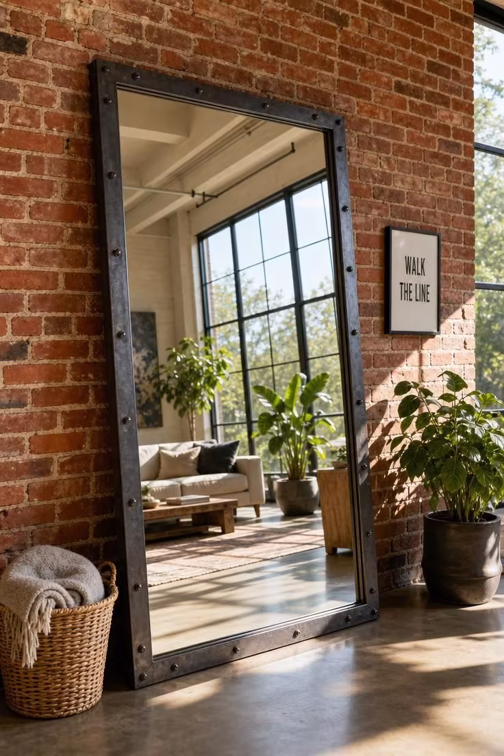 Oversized riveted iron-framed floor mirror leaning against exposed brick walls in a bright industrial apartment