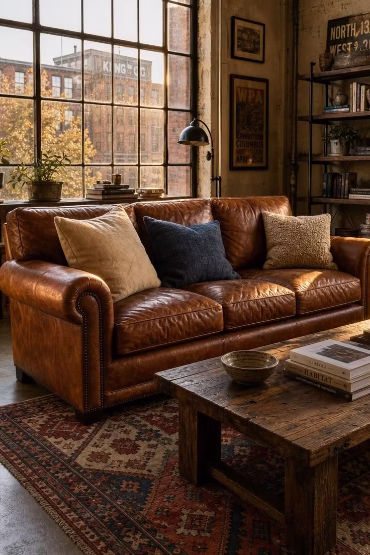 Cognac leather sofa on a faded kilim rug in a warm industrial apartment living room with golden light