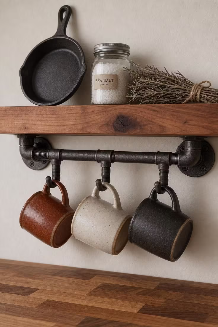 Iron pipe wall hooks with ceramic mugs and a raw cedar shelf in an industrial apartment kitchen