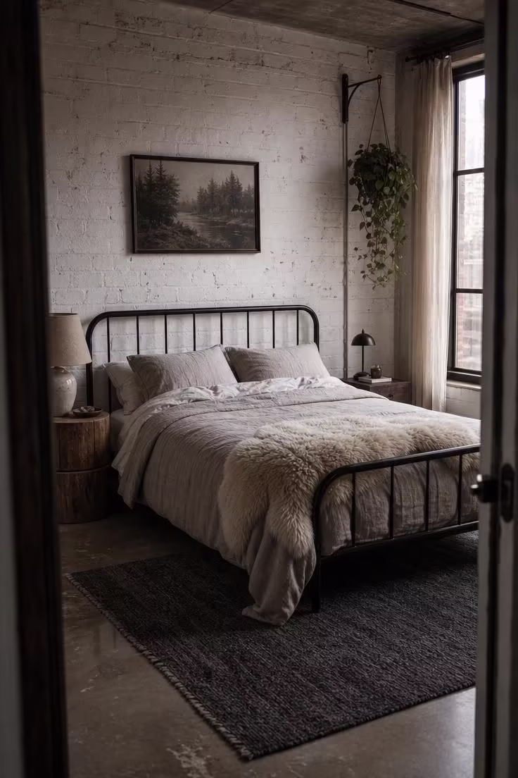 Iron bed frame with Belgian linen bedding and sheepskin throw in a softly lit industrial apartment bedroom
