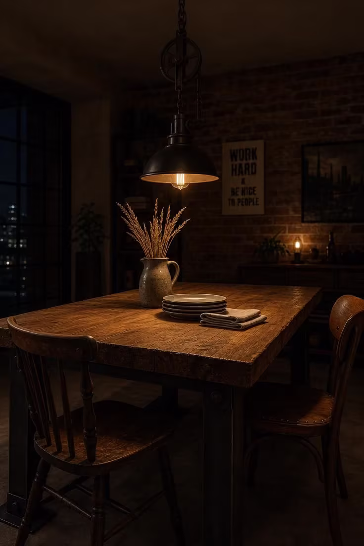 Pulley pendant light casting warm glow over a thick slab dining table in a moody industrial apartment
