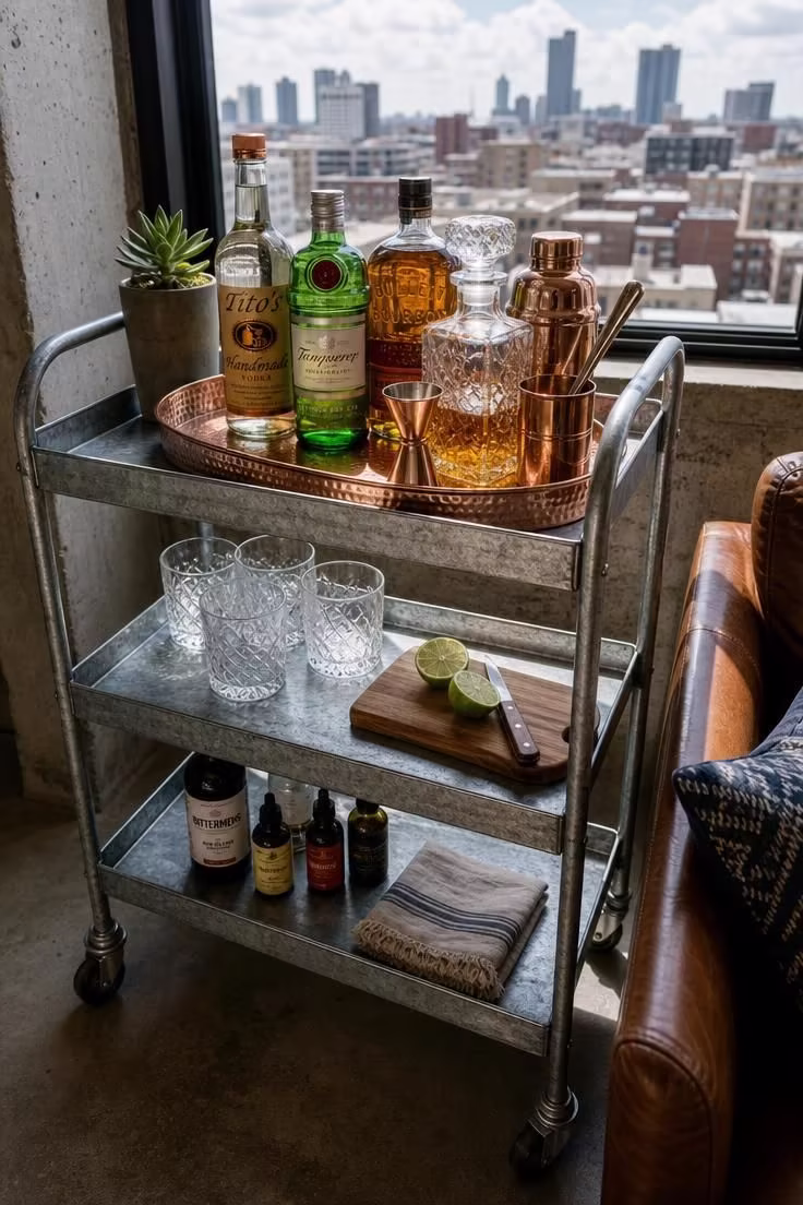 Galvanized steel utility cart serving as a bar station near a window in a bright industrial apartment