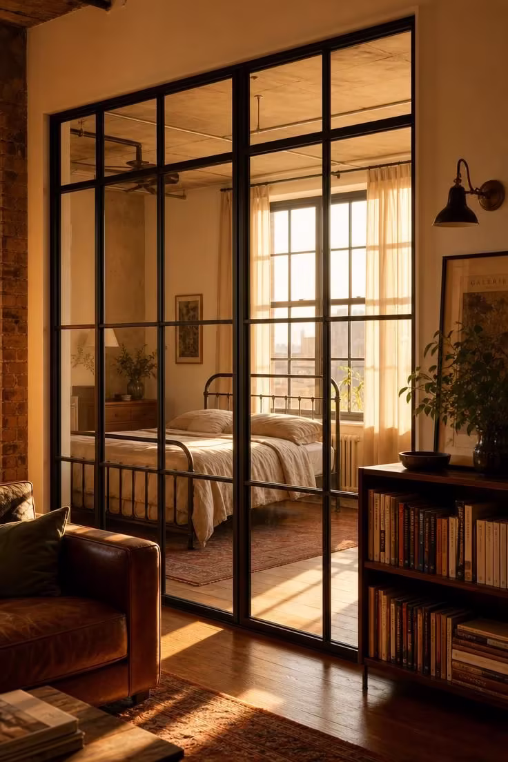 Blackened steel-framed glass partition wall dividing bedroom from living area in a warm industrial apartment