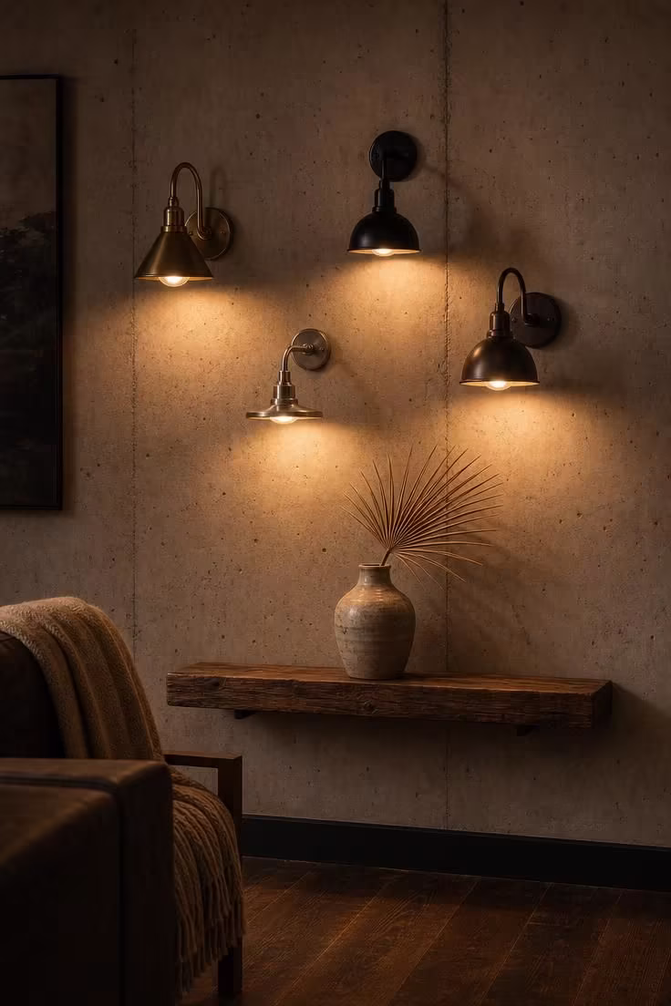 Cluster of mismatched metal sconces mounted on a poured concrete accent wall in a moody industrial apartment