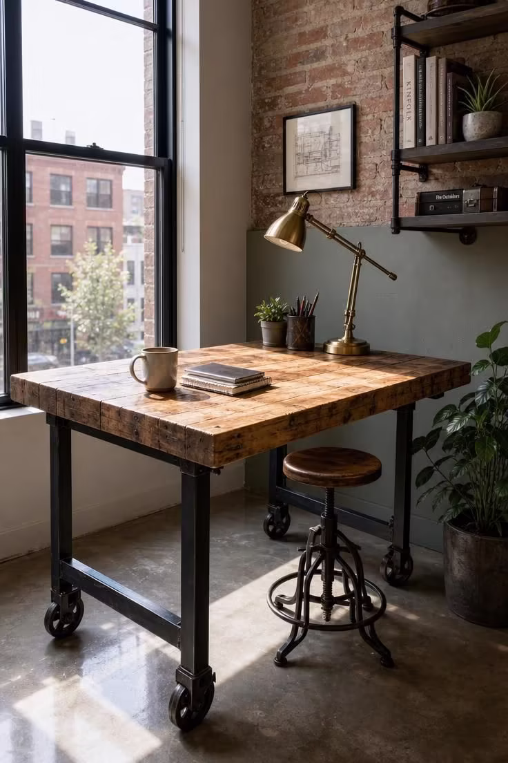 Reclaimed pine desk with industrial casters and vintage machinist stool in a bright industrial apartment corner office