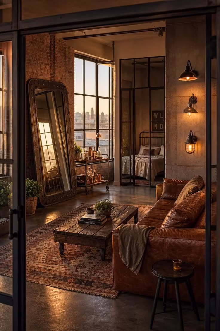 Wide view of a warm industrial apartment living room with leather sofa, kilim rug, exposed brick, and steel-framed glass partition