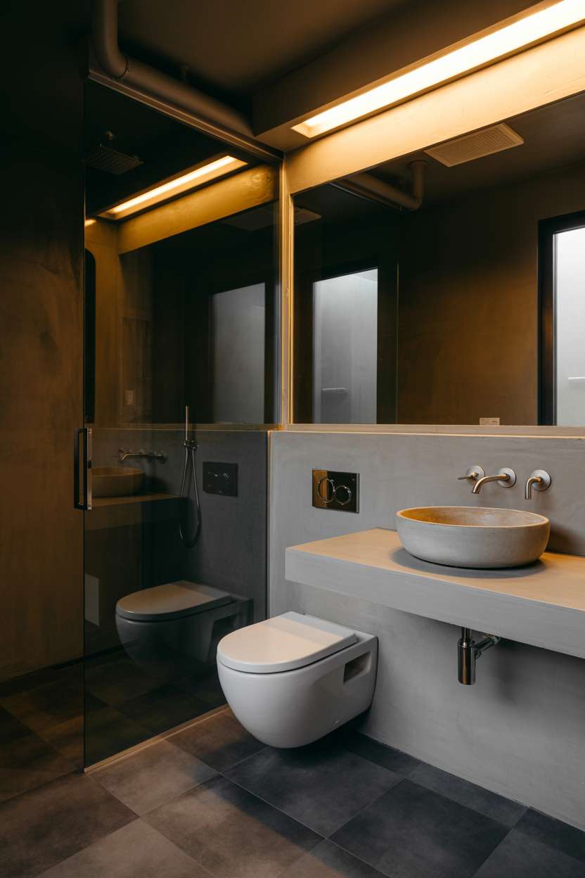 Industrial bathroom with concrete walls, floating vanity with concrete countertop, and warm LED lighting