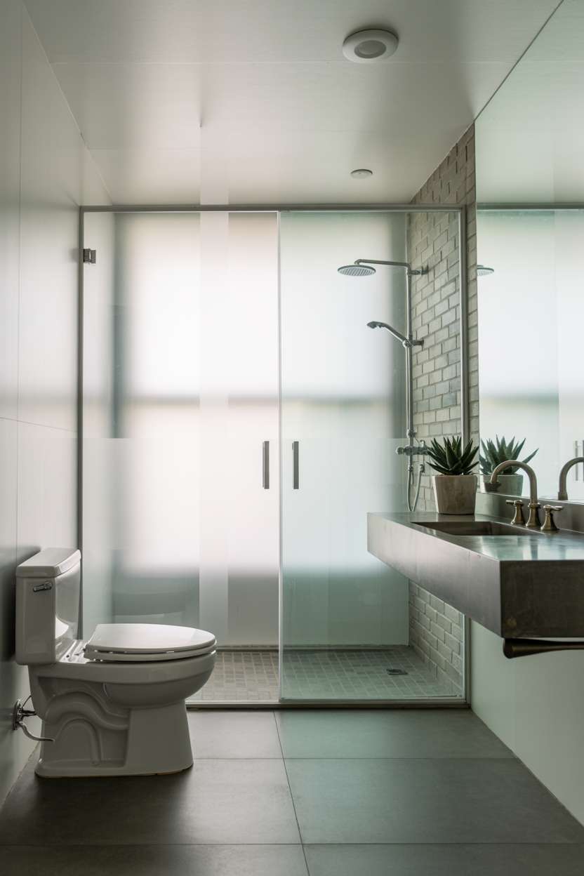 Spacious industrial bathroom with exposed brick accent wall, large window, and floating concrete vanity