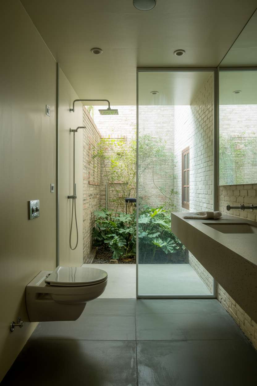 Industrial bathroom overlooking green courtyard with exposed brick walls and concrete vanity