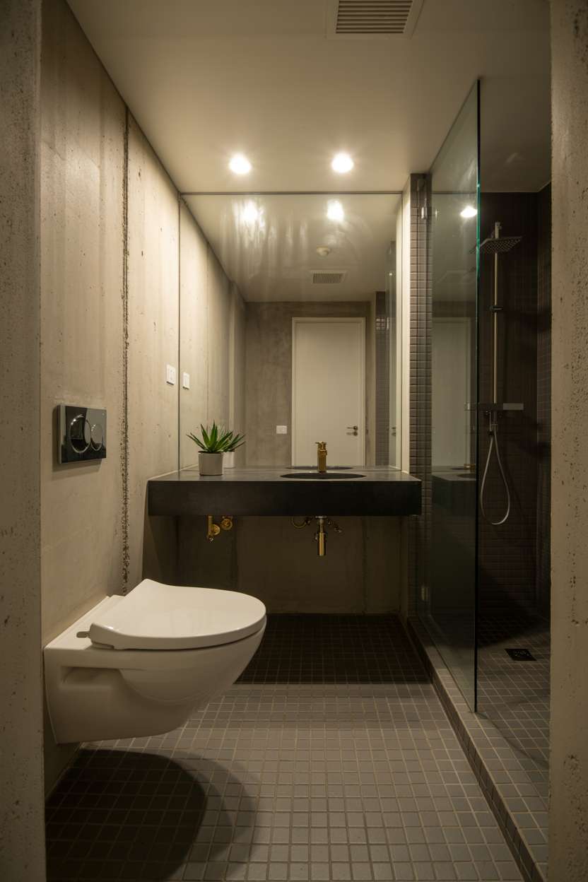 Industrial bathroom with exposed concrete walls, black countertop vanity, and brass fixtures