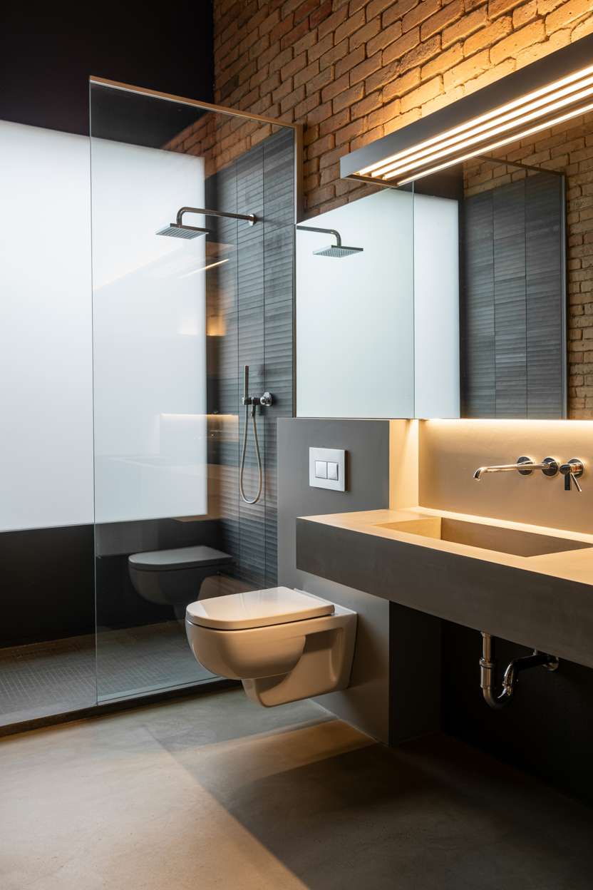 Industrial bathroom with exposed brick walls, concrete vanity with integrated trough sink, and brass faucet
