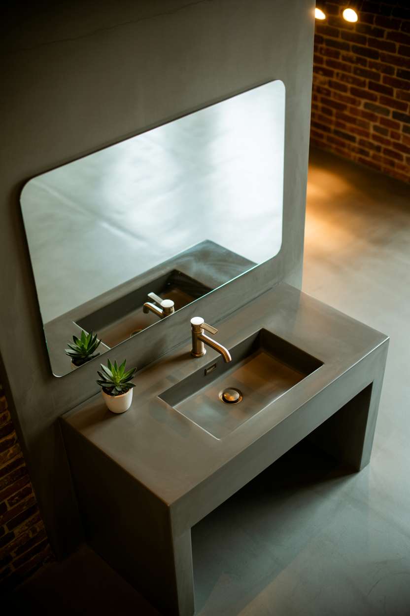 Industrial bathroom featuring a concrete vanity as a focal point with brushed brass fixtures and a rectangular mirror