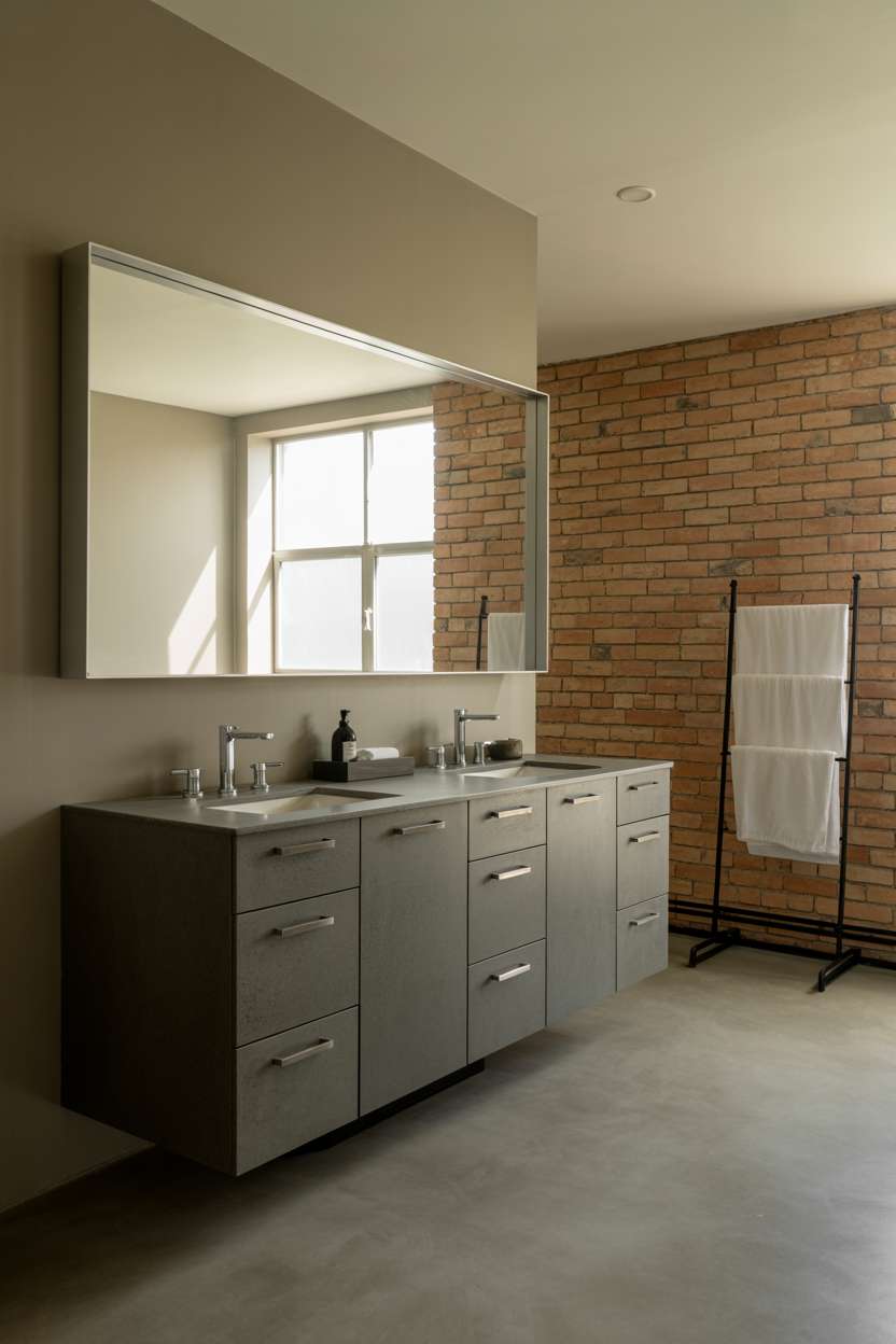 Industrial bathroom with concrete vanity, reclaimed wood elements, and white towels on a black metal rack