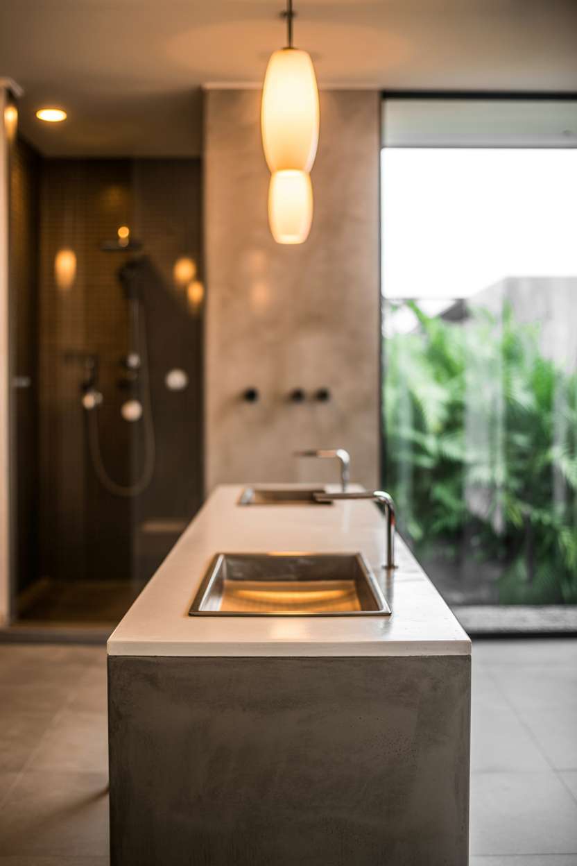 Modern industrial bathroom with dark concrete vanity, white quartz countertop, and stainless steel trough sink