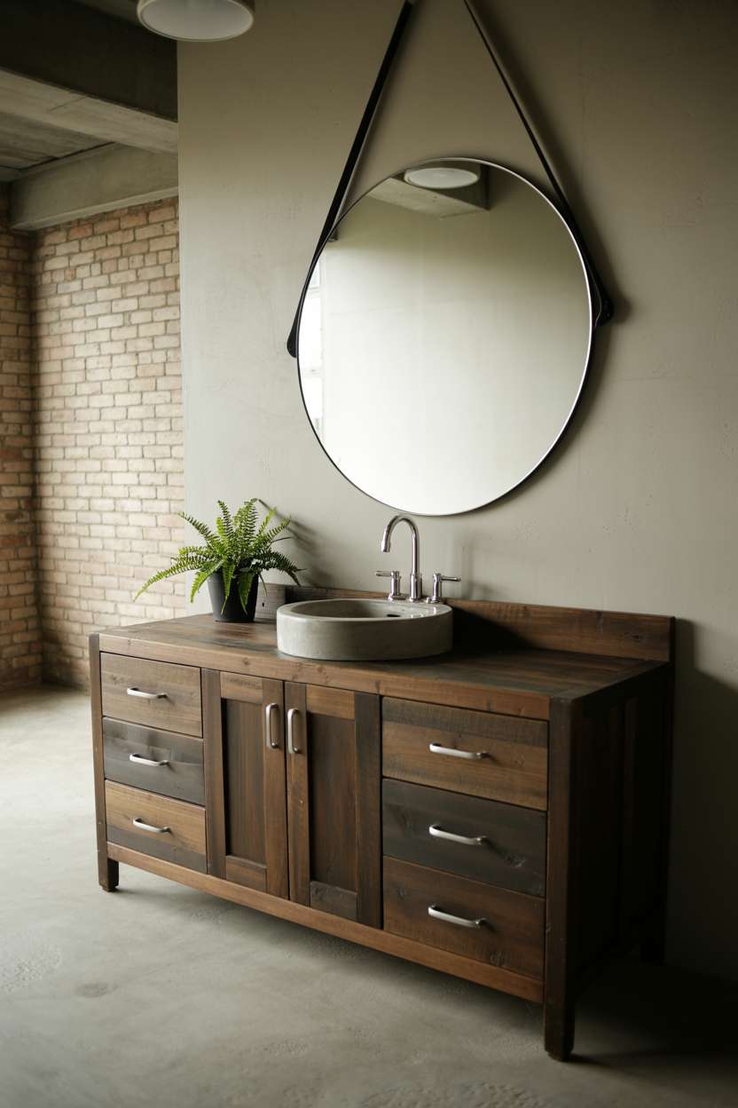 Industrial bathroom with reclaimed wood vanity, round concrete sink, and circular mirror