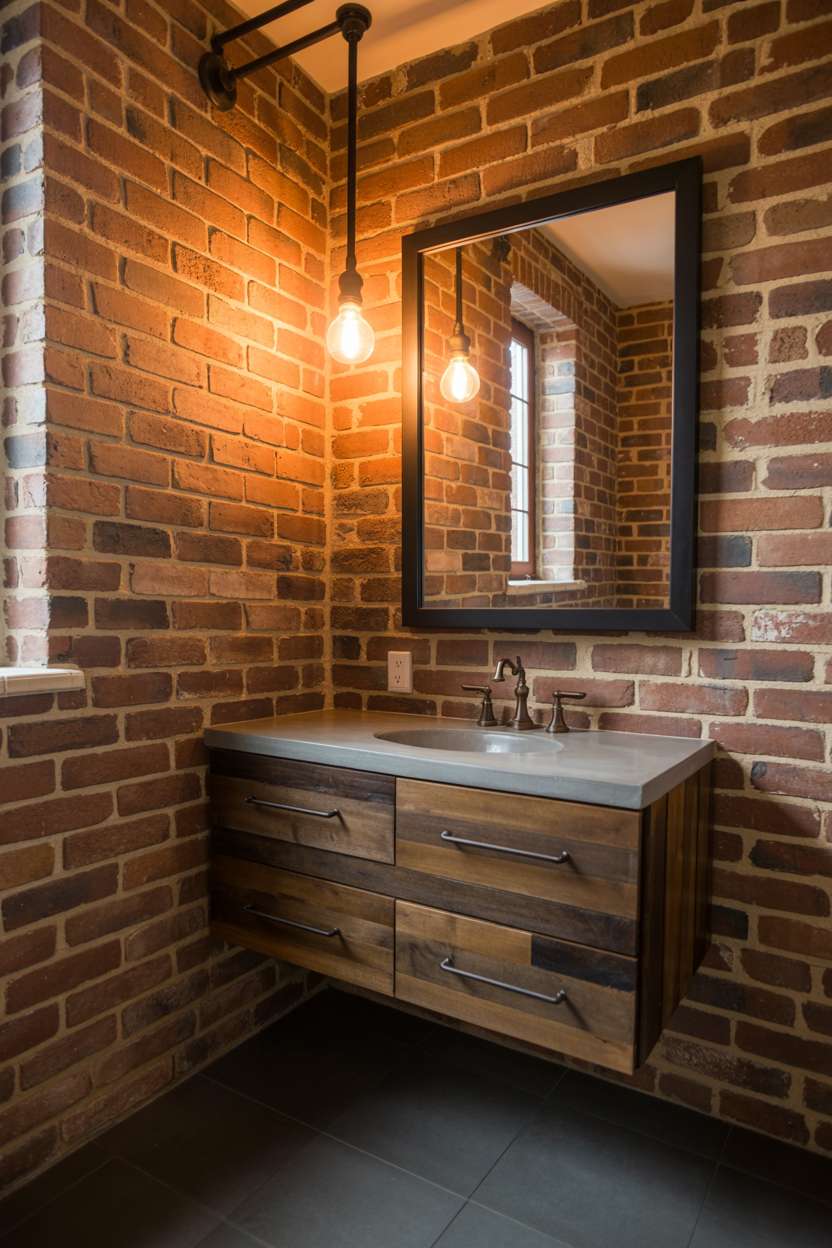 Industrial half bathroom with floating reclaimed wood vanity, Edison bulb lighting, and exposed brick