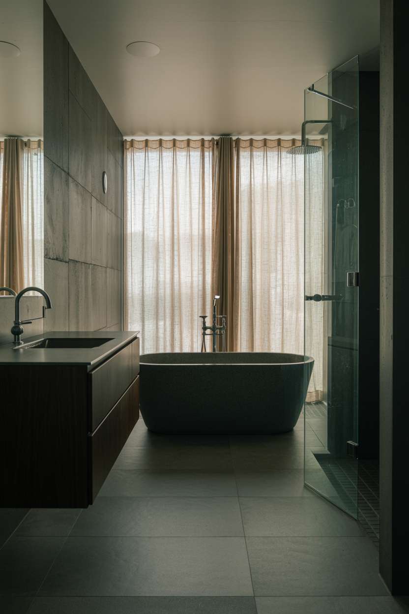 Industrial bathroom with freestanding soaking tub, concrete walls, and large window with linen curtains
