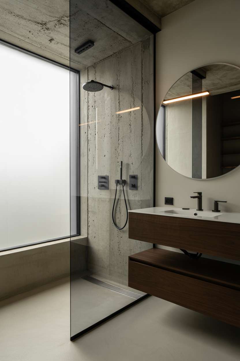 Industrial bathroom featuring large walk-in shower with matte black fixtures and LED mirror lighting