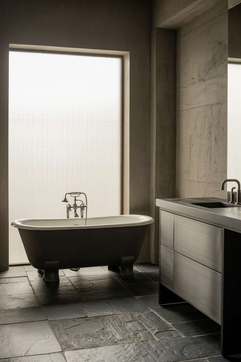 Luxurious industrial bathroom with freestanding cast iron tub, concrete walls, and dark slate flooring