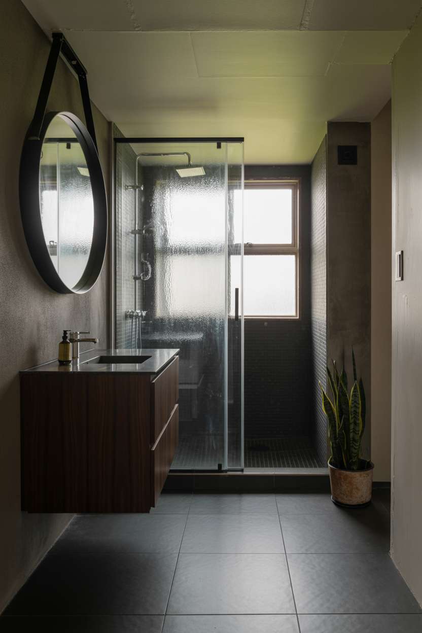 Industrial bathroom with dark walnut vanity, circular black metal mirror, and snake plant