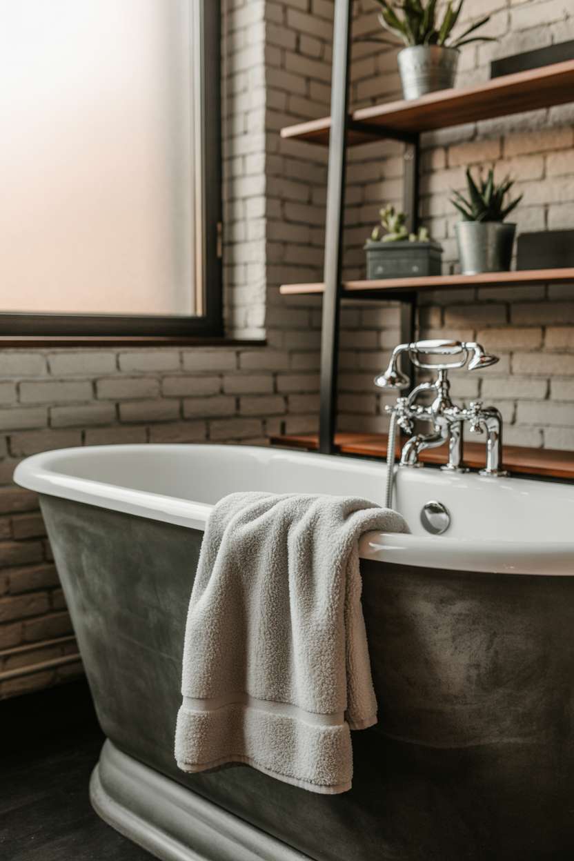 Industrial bathroom with concrete soaking tub, soft grey painted brick, and chrome fixtures
