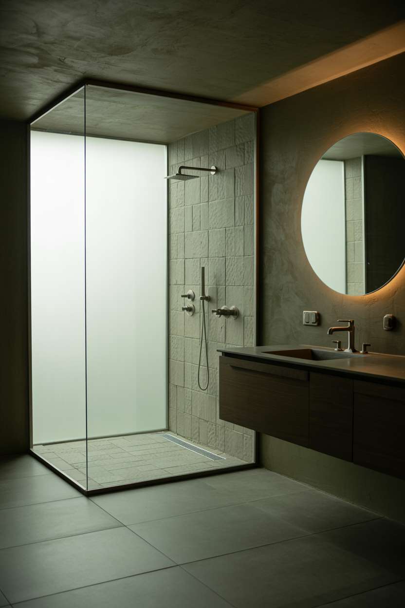 Industrial bathroom with large walk-in shower, dark wood vanity, and oversized window