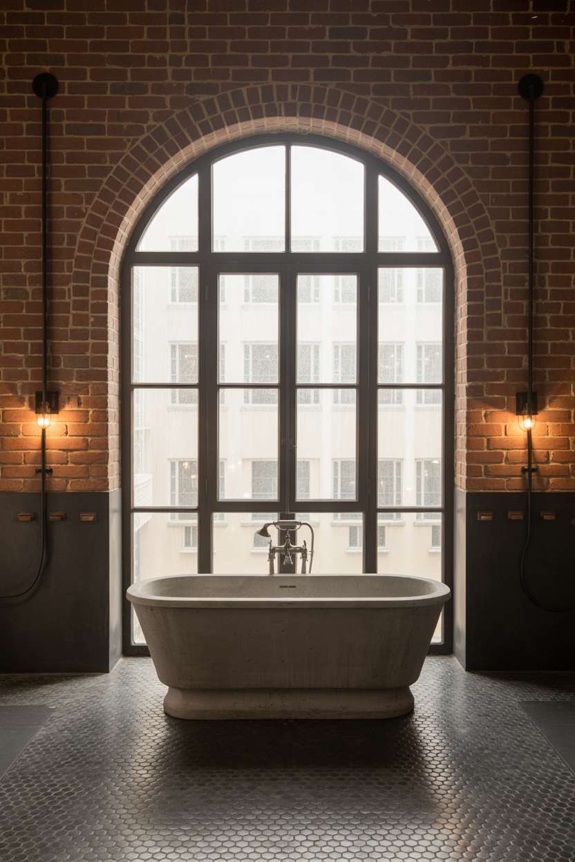 Industrial bathroom with freestanding concrete tub beneath arched window and hexagonal floor tiles