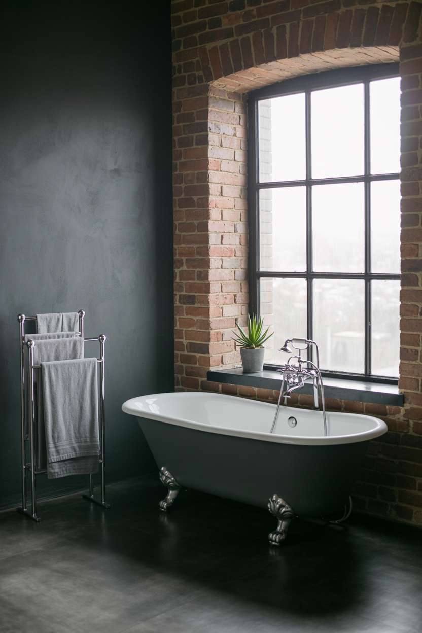Industrial bathroom with matte black claw-foot bathtub, exposed brick walls, and concrete flooring