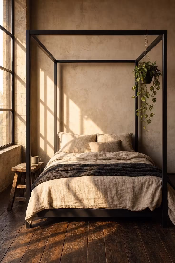 13 Bold Industrial Bedroom Ideas for a Raw Retreat 1 A blackened steel canopy bed frame with raw linen bedding in a warm, golden-lit industrial bedroom with dark plank floors.