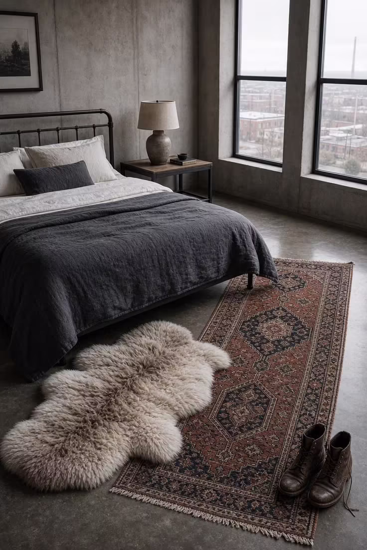 13 Bold Industrial Bedroom Ideas for a Raw Retreat 2 A polished concrete floor bedroom with a faded Persian runner alongside an iron bed frame under soft, pale morning light.