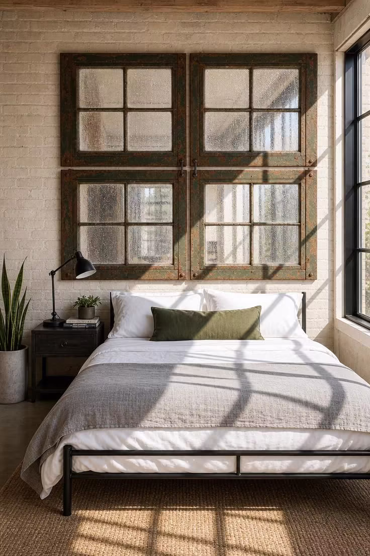 13 Bold Industrial Bedroom Ideas for a Raw Retreat 3 Four salvaged factory windows with seeded glass arranged in a grid as a headboard wall behind a low iron bed in bright midday light.