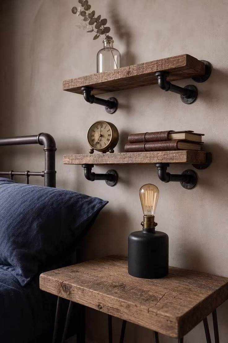 13 Bold Industrial Bedroom Ideas for a Raw Retreat 4 Iron pipe shelving with rough-sawn oak planks beside a weathered oak nightstand with a matte black lamp in soft, diffused light.