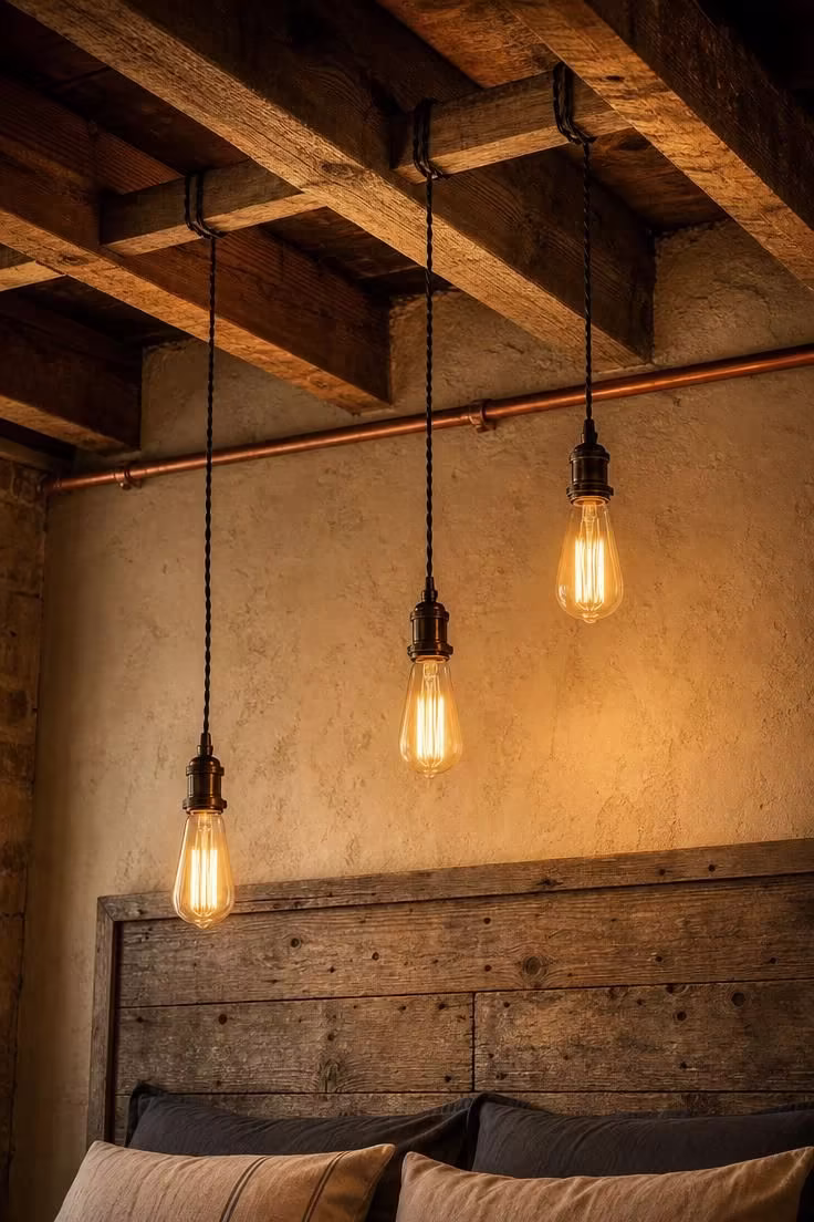 13 Bold Industrial Bedroom Ideas for a Raw Retreat 6 Three Edison bulb pendants at staggered heights hanging from raw timber ceiling joists in a warm, golden-lit industrial bedroom.
