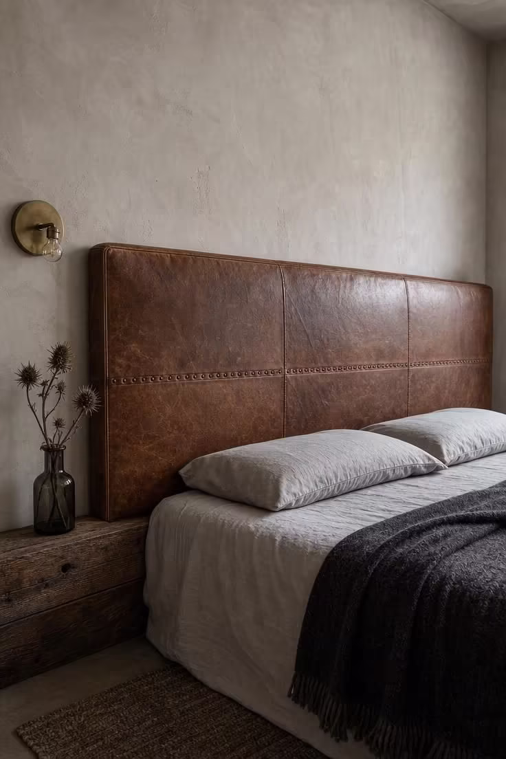 13 Bold Industrial Bedroom Ideas for a Raw Retreat 7 An aged cognac leather headboard with copper rivets against a bare lime plaster wall under soft, even light from a hazy sky.