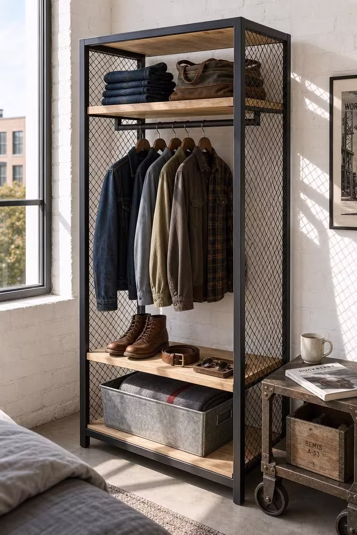 13 Bold Industrial Bedroom Ideas for a Raw Retreat 8 A wire mesh wardrobe with folded denim and canvas bags beside a rolling factory cart nightstand in bright midday light.