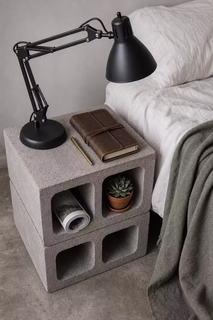 13 Bold Industrial Bedroom Ideas for a Raw Retreat 9 Two stacked concrete cinder blocks as a side table with a matte black task lamp and leather journal in soft, diffused light.