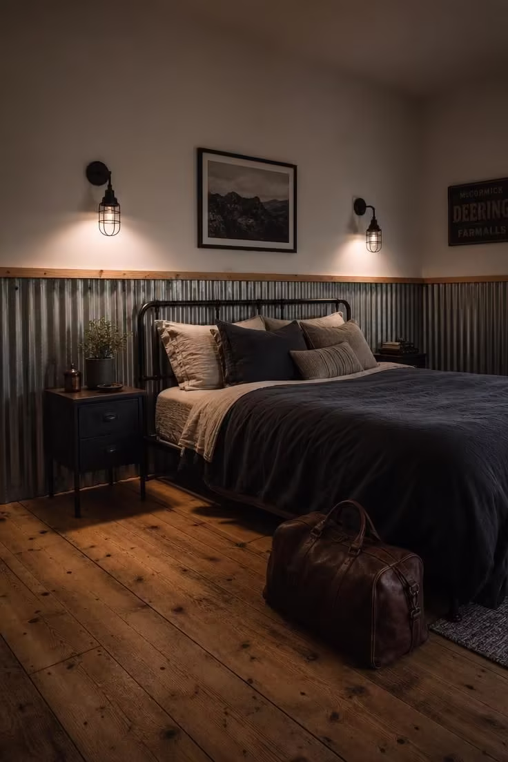 13 Bold Industrial Bedroom Ideas for a Raw Retreat 10 Corrugated metal wainscoting with a chalk-white upper wall behind a black metal bed frame in moody, low-light conditions.