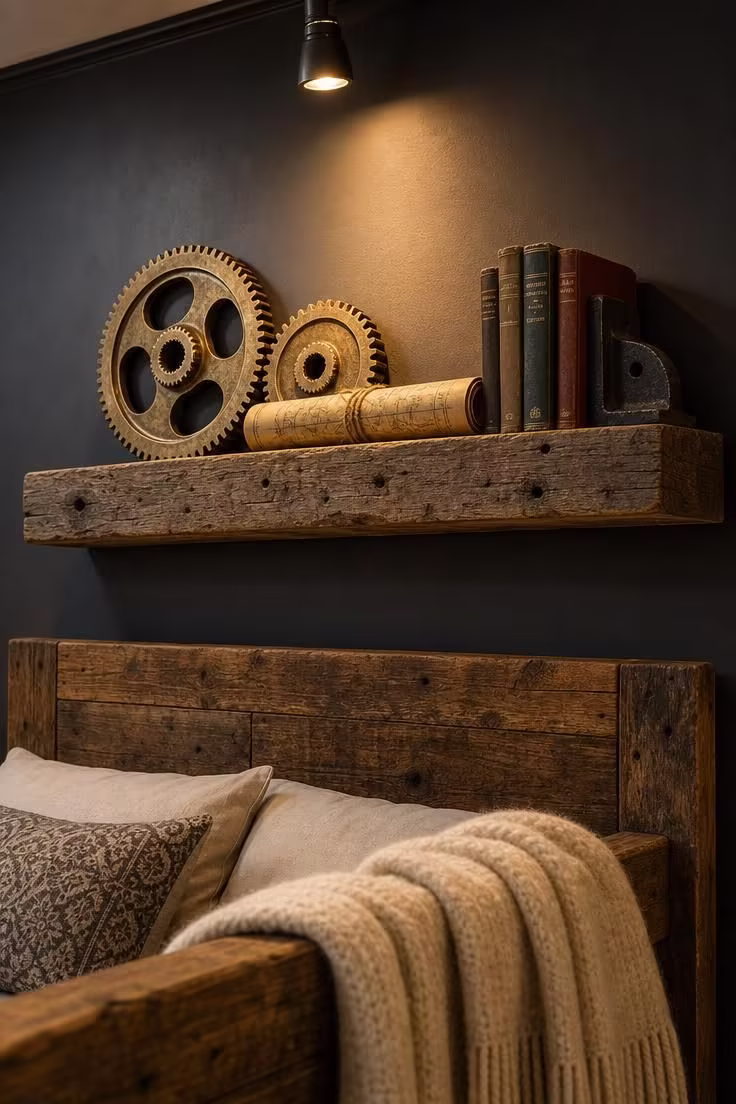 13 Bold Industrial Bedroom Ideas for a Raw Retreat 11 A reclaimed timber beam shelf with brass gears and a rolled antique map above a reclaimed wood headboard in warm golden light.
