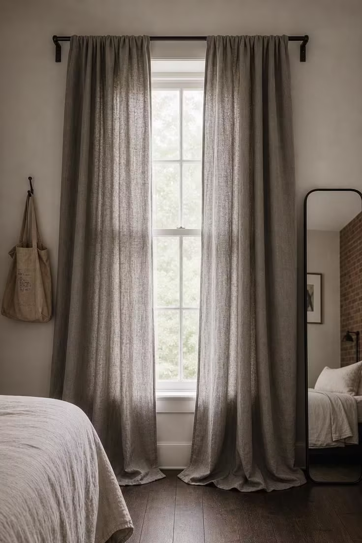 13 Bold Industrial Bedroom Ideas for a Raw Retreat 12 Heavy stone-gray linen curtain panels on an exposed iron rod with visible L-bracket mounts in a softly lit industrial bedroom.